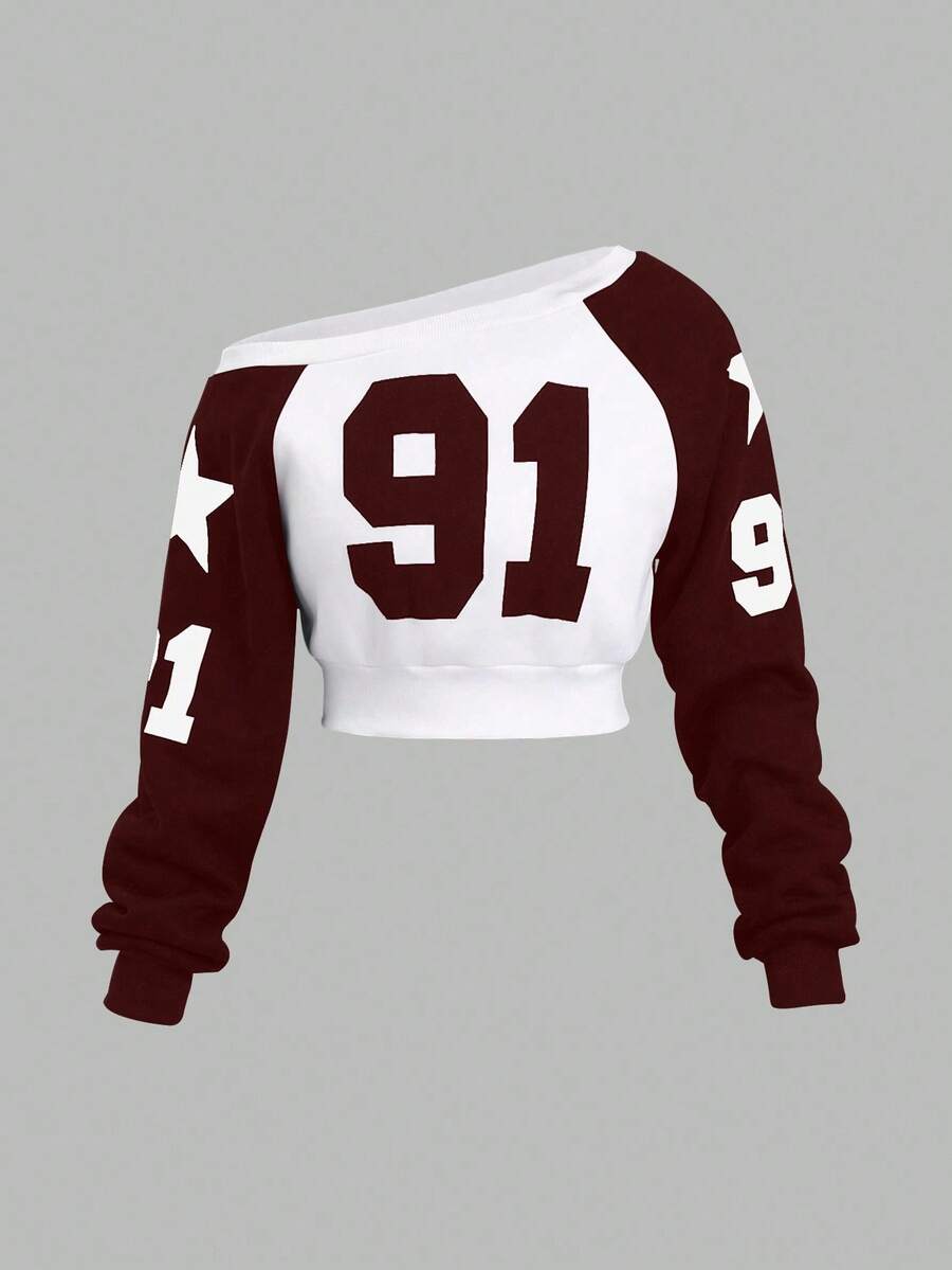 StreetHx Áo nỉ tay raglan in họa tiết số phong cách đại học màu tương phản dành cho nữ, mùa thu - Màu Đỏ Sâu - Xem 1