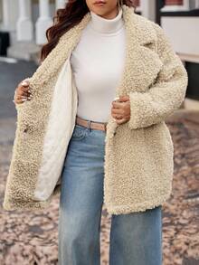 Vionelle Plus Size Fashion Solid Casual Long Sleeve Flip Collar Quilted Faux Teddy Fleece Jacket For Women Winter Autumn Fall