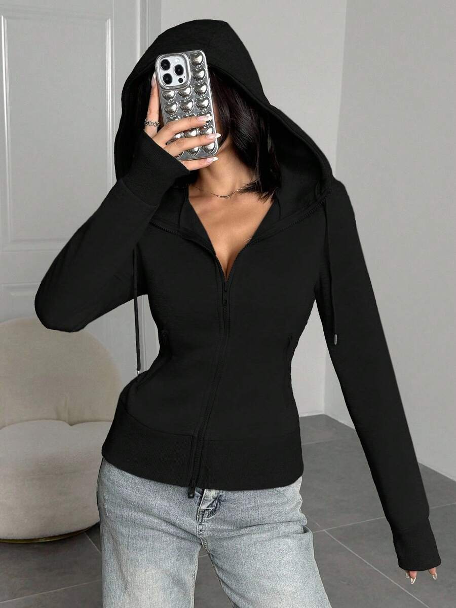 SHEIN EZwear Sudadera con capucha negra casual y versátil de talla grande