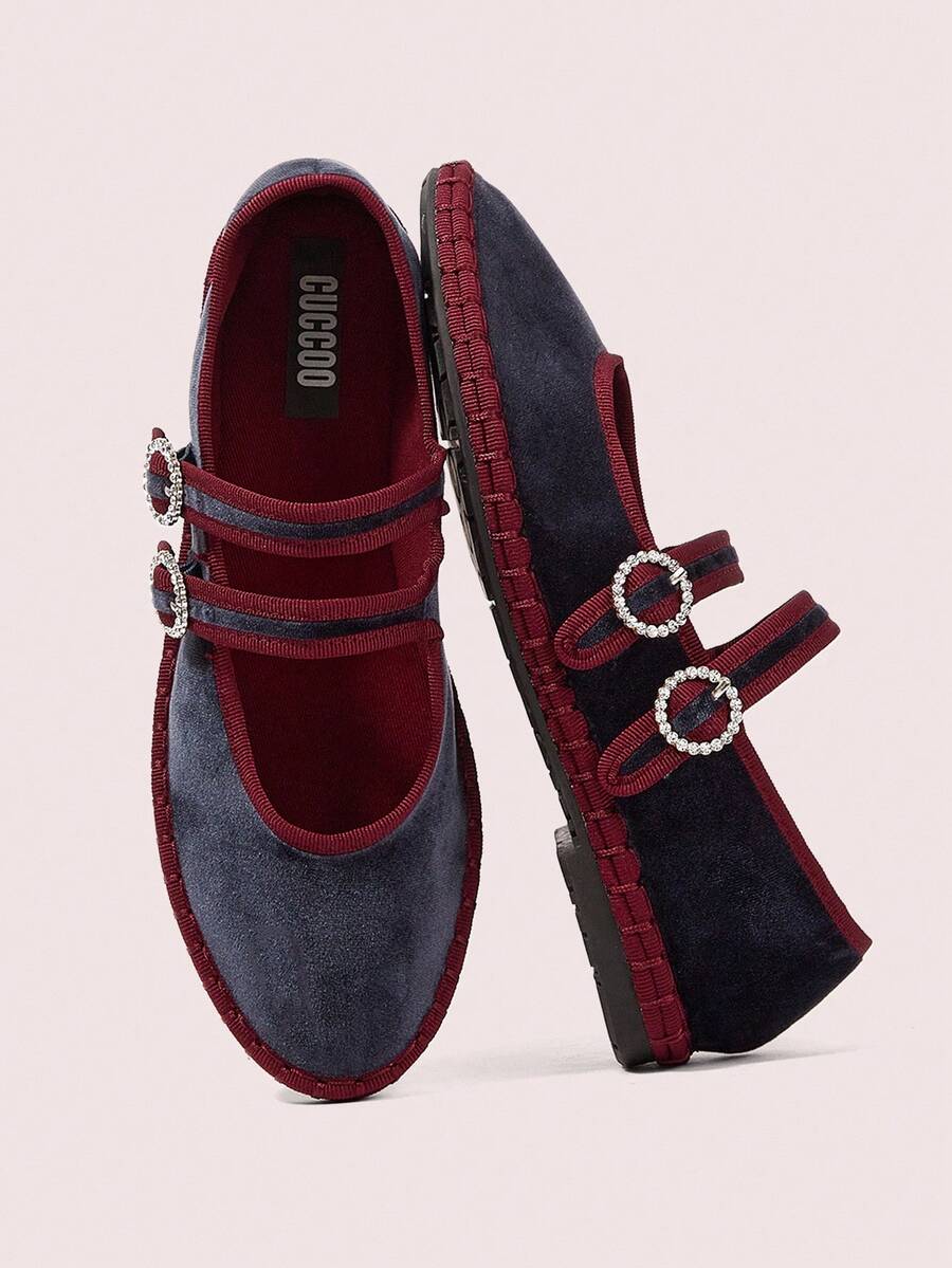 CUCCOO DOLLMOD Women's Midnight Blue Elegant Velvet Classic Comfortable Velvet Parallel Double Strap Mary Jane Flat Shoes For Christmas - Dusty Blue - View 1