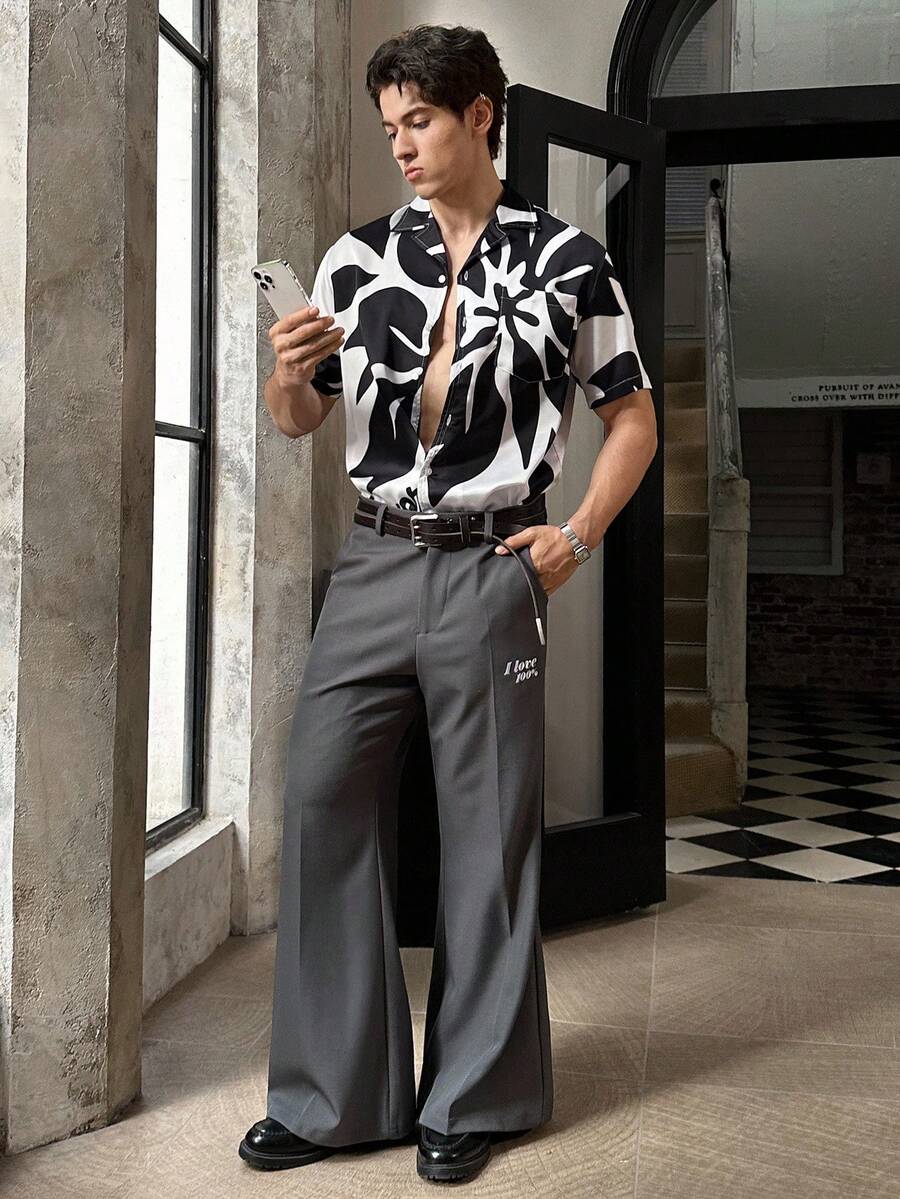 SWAVVY Herren Lässig Urlaubsstil Schwarz & Weiß Blume Muster Webhemd mit Kurzarm, Sommer