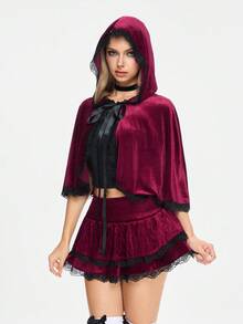 ROMWE Avant 2 件套女士万圣节角色扮演小红帽斗篷和迷你裙套装 - 酒紅色 - 查看 4