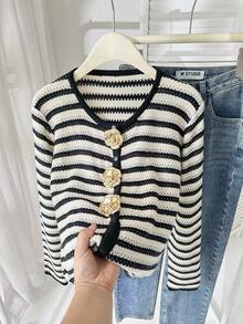 Modelyn Women's Casual Cardigan With Metallic Flower Decor And Striped Pattern, Autumn - Multicolor - View 6
