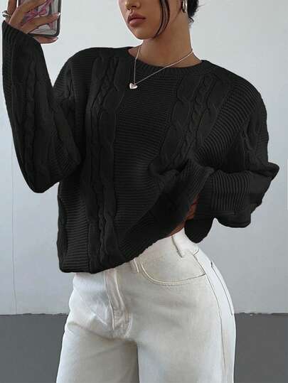 SHEIN TEENGIRL Black Crew Neck Loose Fit Cable Knit Sweater, Casual College Style Minimalist Knitwear Cropped Cable Knit Sweater Cropped Sweater Y2k Sweater Long Sleeve Crop Top Black Cropped Sweater Cropped Cardigan Teen Girl Clothes Y2k Summer Clothes For Teens Sweater Cropped Knit Top Chunky Knit Sweater Black Knit Top Fall Winter