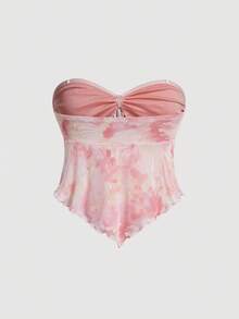 SHEIN MOD 粉色渐变印花前结弹性网眼女式抹胸上衣