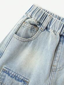 年轻男孩休闲松紧腰水洗多口袋牛仔裤，适合日常穿着，夏季 - 淺色水洗藍 - 查看 5