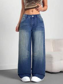 SHEIN Tall 女式低腰口袋阔腿宽松休闲百搭牛仔裤 - 深色水洗藍 - 查看 7