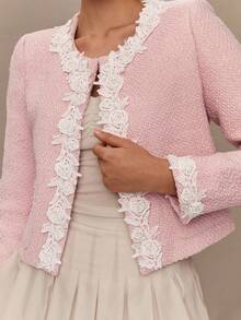Enchnt Fall/Winter Romantic Women's Pastel Pink Tweed ROSE Embroidered Lace Decor Jacket With Pearl Buttons,Chic&Elegant&Fashionable For Vacation&Date&Holiday&Graduation&Wedding Guest&Office&Going Out&Halloween&Christmas,Back To School,Fall Jackets For Women,Autumn Clothes - Pink - View 3