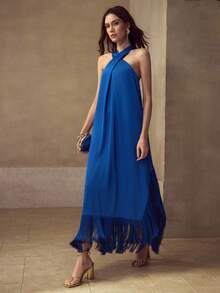 MOTF X Nour PREMIUM FRINGE HEM HALTER DRESS - Blue - View 5