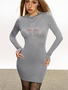 Rina Fox Autumn Casual Rhinestone Anchor Embellished Long Sleeve Bodycon Dress Fall Cloth For Women