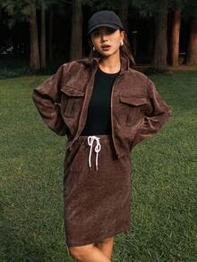 DAZY Women's Casual Corduroy Long Sleeve Jacket With Pockets And Straight Skirt Two Pieces Set, Autumn