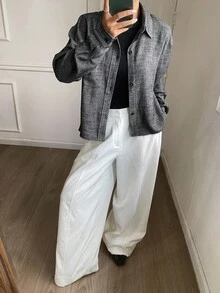 DAZY Camisa Casual Feminina de Manga Longa com Gola Virada, Cor Sólida de Linho, Outono - Chumbo - Visão 6