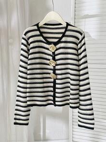 Modelyn Women's Casual Cardigan With Metallic Flower Decor And Striped Pattern, Autumn - Multicolor - View 5