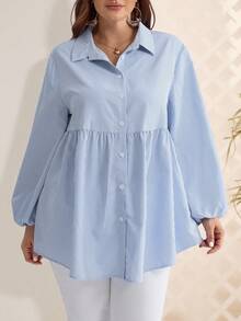 Rosumi Plus Size Winter Women Casual Striped Lantern Sleeve Shirt