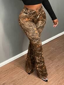 Slaydiva Quần ống loe in họa tiết cành cây dành cho nữ cỡ lớn, thích hợp cho các dịp lễ, năm mới, ngày Valentine. - màu nâu - Xem 9