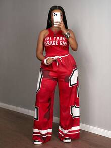 Slaydiva Women's 2 Pieces Outfit Red And White Summer Grunge Birthday Sports Style Round Neck I-Shaped Vest Slogan Letter Print Wide-Leg Pants Set - Red - View 13
