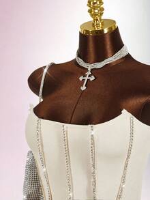 Amplova Conjunto de 2 piezas de top bandeau y minifalda decorados con rhinestones para tallas grandes