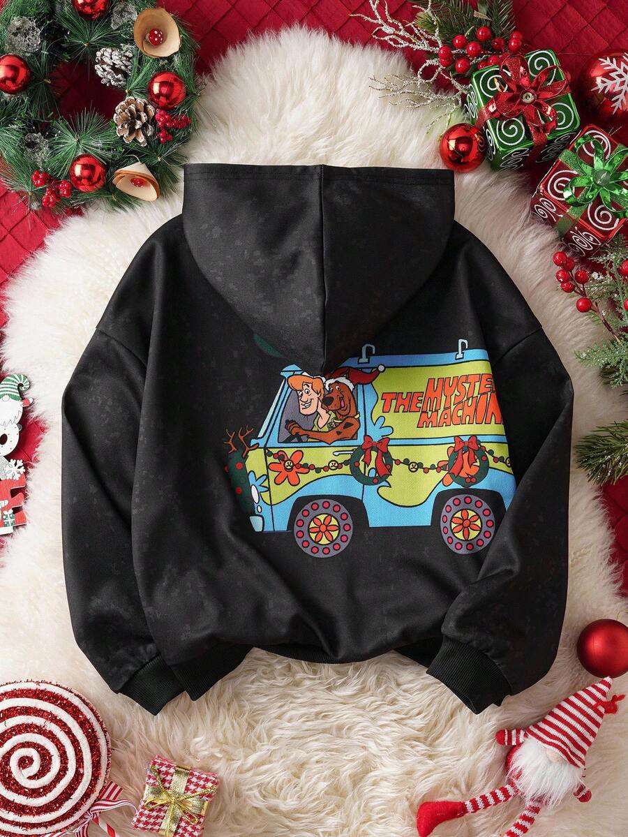 SCOOBY-DOO X SHEIN Sudadera con capucha suelta de hombros caídos con gráficos de dibujos animados y letras navideñas lindas para niñas preadolescentes