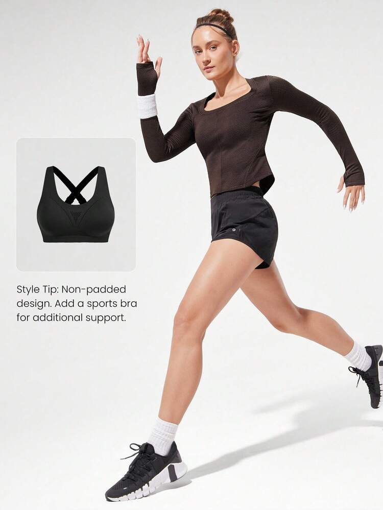 エネルギーを高める快適で暖かい反射ロゴ付きスクエアカラー ウエストレングスニットロングスリーブトップ サムホール付き ランニング ジョギング ハイキング ジム トレーニング デイリーアクティブウェア