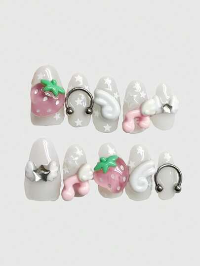 Kawaii 10 pièces Ailes d'ange mignonnes, cœur romantique, style de ballerine avec nœud papillon, ailes blanches, série rose à pois dorés vintage classique. Faux ongles faits à la main. Portés par des filles énergiques. Convient pour les sorties quotidiennes et les rendez-vous