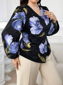 Modelyn Áo cánh tay đèn lồng họa tiết hoa cỡ lớn cho nữ, viền bất đối xứng, thanh lịch - Nhiều màu - Xem 4