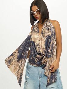 SUMWON WOMEN Vintage Shell Print Draped Halter Top Elegant Flowy Asymmetrical Cowl Neck Summer Evening Party Beachwear Resort Scarf Style Festival