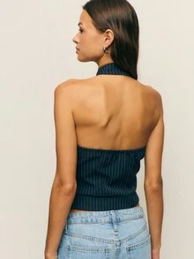 Nöista Women's Navy Blue Pinstripe Halter Corset Top,Chic High Neck Zip Front Tailored Seams Tank,Elegant Summer Work Clothing For Vacay Wedding Party - Dark Grey - View 3