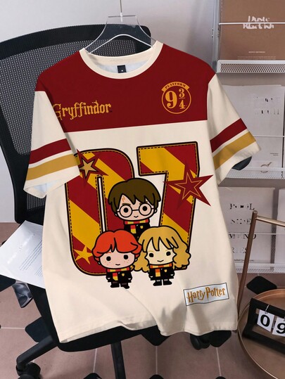 HARRY POTTER X SHEIN Men Gryffindor Cartoon Figure Graphic Tee, Casual Crew Neck Short Sleeve T-Shirt For Men, Comfortable Summer