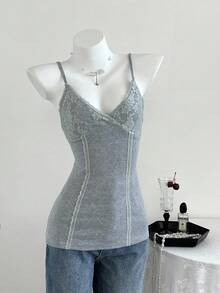 Elamini Women's V-Neck Lace Patchwork Summer Vacation Wear Knitted Stretch High-Waisted Ribbed Casual Sexy Tank Top - Grey - View 3