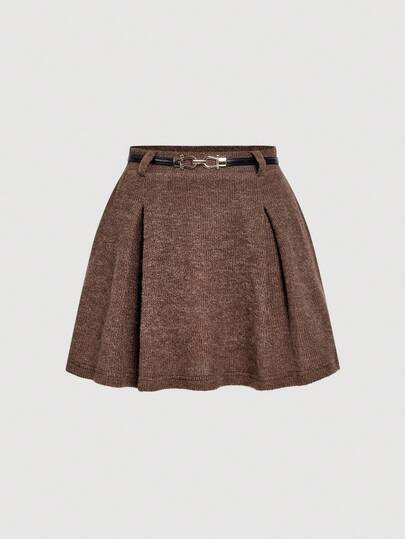 SHEIN MOD 高腰金属腰带A字针织羊毛面料半身裙，秋冬