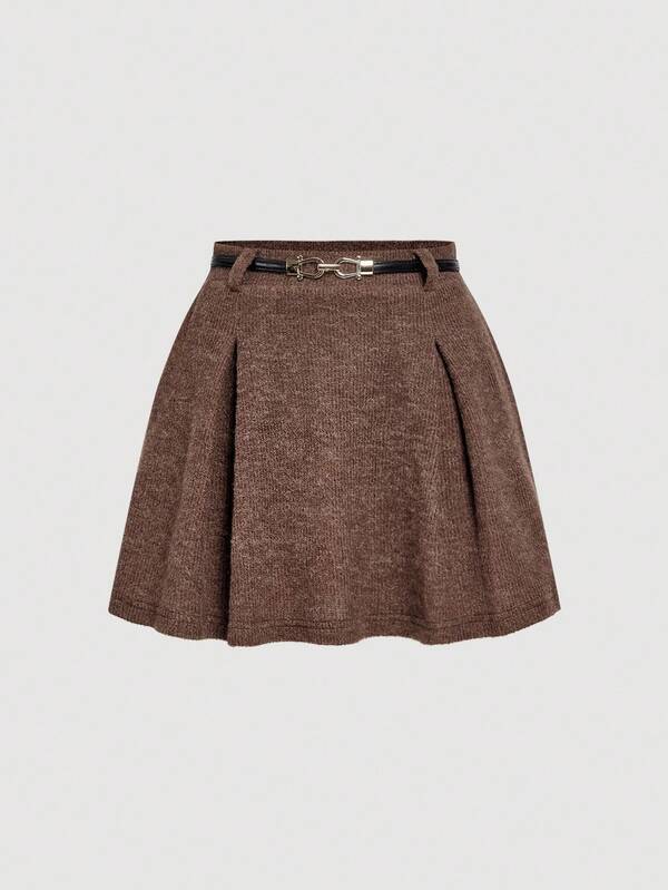 SHEIN MOD High Waist Metal Belt A-Line Knitted Fleece Fabric Skirt, Autumn/Winter,  Brown Mini Skirt,  Belt Skirt,  Brown Skirt, Fall, Autumn Outfits For Women, Comes With A Belt, Collegiate Style, Vintage, Old Money Style, Business Casual Outfits Women