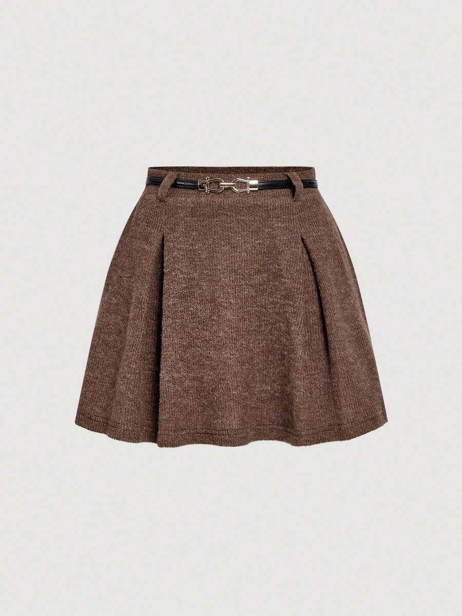 SHEIN MOD 高腰金属腰带A字针织羊毛面料半身裙，秋冬 - 棕色 - 查看 1