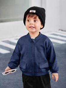 SHEIN Chaqueta de béisbol casual para bebé niño/niña, de tela suave tipo, con bolsillos decorativos, corte relajado, versátil y a juego con todo, estilo callejero cómodo y sencillo, adecuado para salidas, otoño - Azul Marino - Ver 10