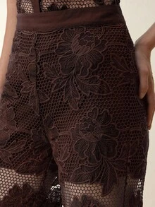 Anewsta 棕色优雅直筒镂空刺绣女裤，秋冬 - 咖啡棕 - 查看 6