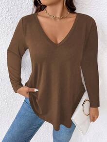 EMERY ROSE Plus Size Solid V-Neck Long Sleeve Casual T-Shirt For Spring - Brown - View 3