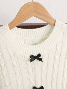 SHEIN Serisse Kids Tween Girls Elegant Round Neck Waist Fitted Knit Midi Dress With Contrast Front Bow For Winter, Knitted Dress Solid White Long Sleeve Knit Dress, Classic Elegant Round Neck Waist Fitted Knit Midi Dress. White Winter Dress, Autumn Winter White Knitted Dress, White Long Sleeve Dress Fall Tween Modest Dress Mom And Daughter Matching Dress Girls Spring Autumn French Style Dress Mommy And Me Dress