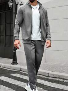 Manfinity Homme Men Fashion Casual Sweatsuit Set, Knitted Crochet Fabric, Raglan Sleeve, Fashionable INS Casual Sweatshirt & Pants Set, Outfits Husband And Boyfriend Gifts For Friends, Suitable For Casual, Home, Commuting, Fall Clothes