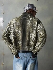 NEON BLANC Men's Fashionable Leopard Print Detroit Long Sleeve Jacket, For Fall Winter - Brown - View 4