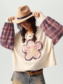 Bohemela Blusas holgadas de punto con parches, cuello redondo y manga larga caída para mujeres