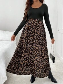 SHEIN Maternity Round Neck Long Sleeve Patchwork Leopard Hem Casual Fashionable Dress Long Sleeve Midi Dress Maternity Dress Leopard Print Dress Cheetah Print Dress Animal Print Dress - Multicolor - View 5
