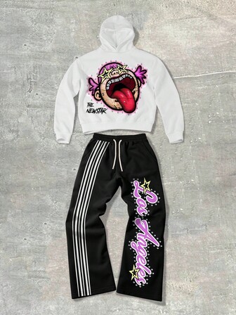 Street Life Men's Autumn Letter & Cartoon Character Print Casual Hoodie And Sweatpants Set