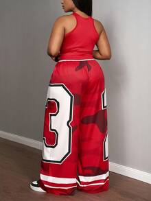 Slaydiva Women's 2 Pieces Outfit Red And White Summer Grunge Birthday Sports Style Round Neck I-Shaped Vest Slogan Letter Print Wide-Leg Pants Set - Red - View 11