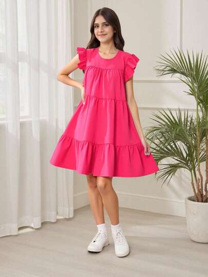 Teen Girl Casual Solid Color Cap Sleeve Mini Dress