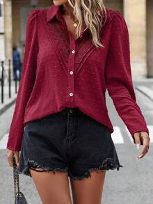 SHEIN LUNE 女士纯色撞色蕾丝泡泡袖优雅衬衫，春夏女士衬衫