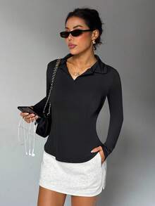 Dewbera Women's Basic Long Sleeve Polo Collar Yoga Top - Black - View 2