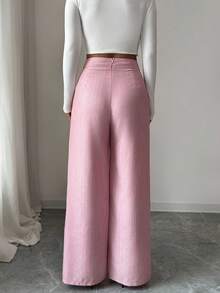 Elenzga 女士粉色竹纤维面料腰部前片搭扣设计优雅教师制服专业休闲裤，感恩节、万圣节必备百搭宽松直筒裤 - 粉色 - 查看 2