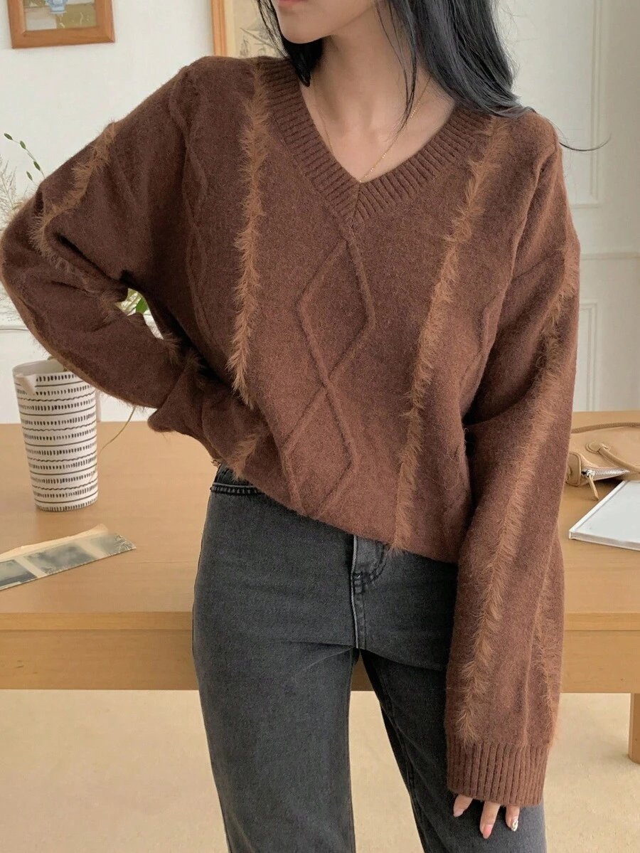 DAZY Damen Loose Fit V-Ausschnitt Langarm einfarbiger Vintage Lässig Strickpullover, Herbst/Winter - Braun - Übersicht 1