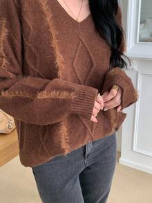 DAZY Damen Loose Fit V-Ausschnitt Langarm einfarbiger Vintage Lässig Strickpullover, Herbst/Winter - Braun - Übersicht 8