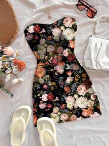 Soleia 大码女式度假花卉油画印花修身迷你连衣裙，休闲日常百搭连衣裙，适合约会、下午茶、海滩、邮轮、公路旅行、所有季节、婚礼季节、春夏季度假、邮轮、海岛度假、音乐节、波西米亚度假 - 彩色 - 查看 3
