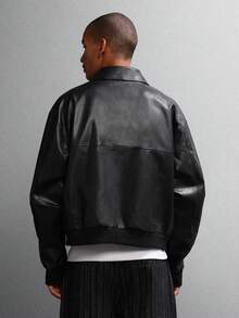 SUMWON Luxury Harrington Bomber Jacket With Patch Pockets Modern Casual Outerwear Fall Winter Transitional Zip Up Ribbed Collar - Black - View 2